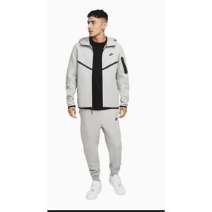 Set Mens Size L Nike Tech Windrunner Fleece Full Zip Hoodie + Joggers Grey Black